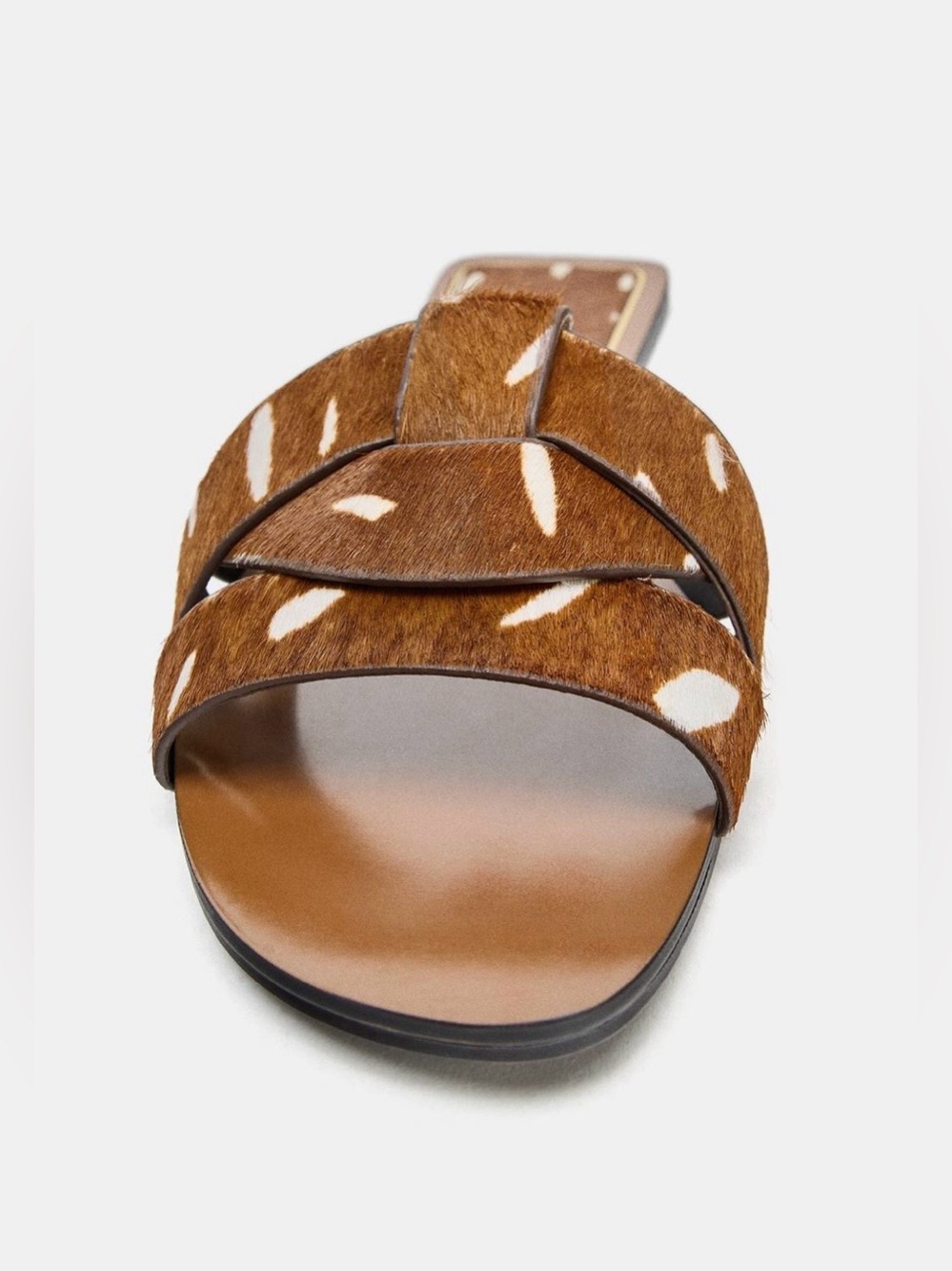 Zara NWT Brown Cow Print Faux Fur Cross Strap Flat Sandals - Picture 3 of 9